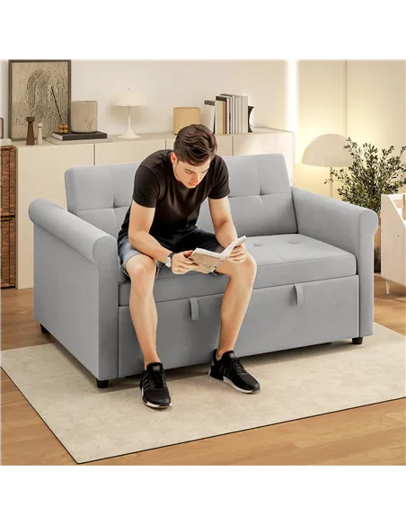 HOMCOM Two-Seater Velvet-Feel Sofa Bed - Grey