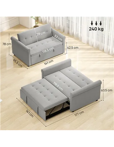 HOMCOM Two-Seater Velvet-Feel Sofa Bed - Grey