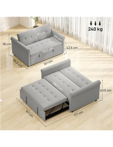 HOMCOM Two-Seater Velvet-Feel Sofa Bed - Grey
