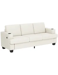 HOMCOM 3 Seater Sofa with USB Ports & Cup Holders - Cream White
