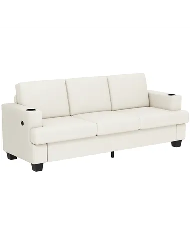 HOMCOM 3 Seater Sofa with USB Ports & Cup Holders - Cream White
