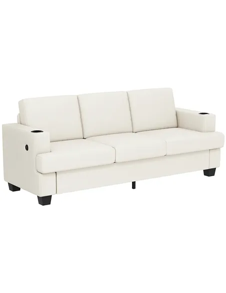 HOMCOM 3 Seater Sofa with USB Ports & Cup Holders - Cream White