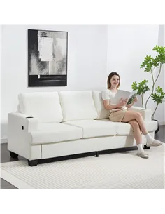 HOMCOM 3 Seater Sofa with USB Ports & Cup Holders - Cream White 2