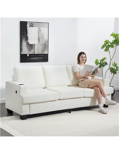 HOMCOM 3 Seater Sofa with USB Ports & Cup Holders - Cream White