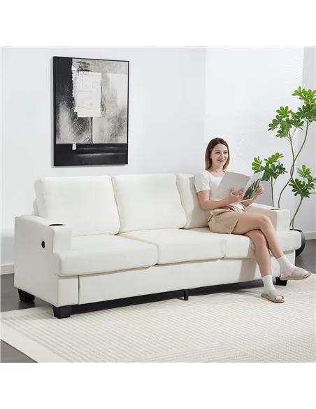 HOMCOM 3 Seater Sofa with USB Ports & Cup Holders - Cream White