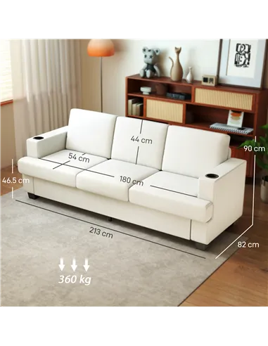 HOMCOM 3 Seater Sofa with USB Ports & Cup Holders - Cream White