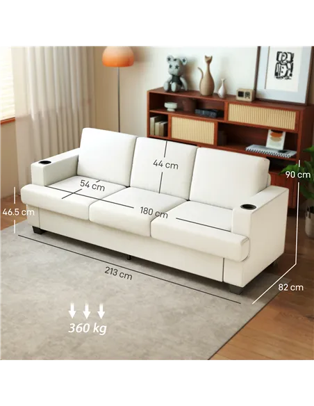 HOMCOM 3 Seater Sofa with USB Ports & Cup Holders - Cream White