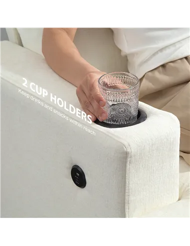 HOMCOM 3 Seater Sofa with USB Ports & Cup Holders - Cream White