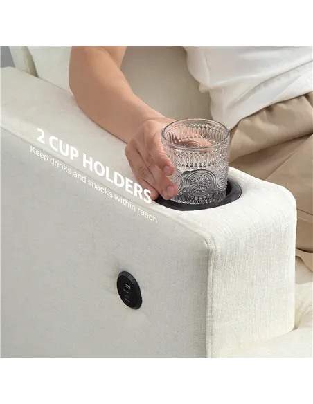 HOMCOM 3 Seater Sofa with USB Ports & Cup Holders - Cream White
