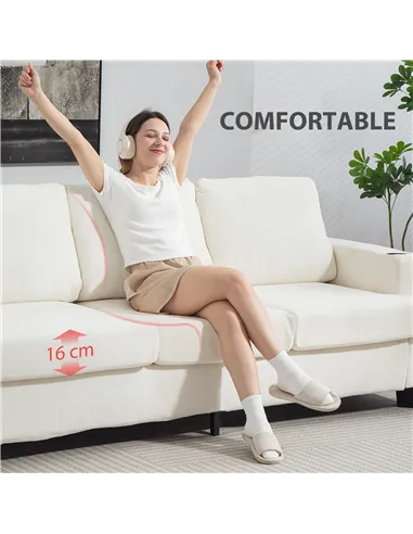 HOMCOM 3 Seater Sofa with USB Ports & Cup Holders - Cream White