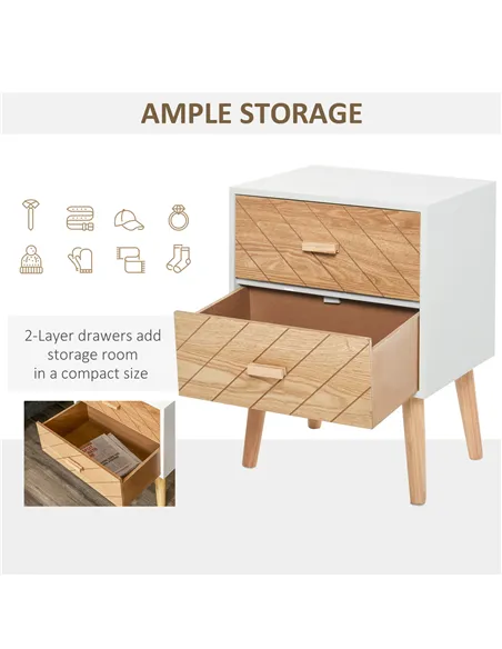 HOMCOM 2 Drawers Bedside Table with Pine Legs, Bedroom Wooden Storage Cabinet, Natural