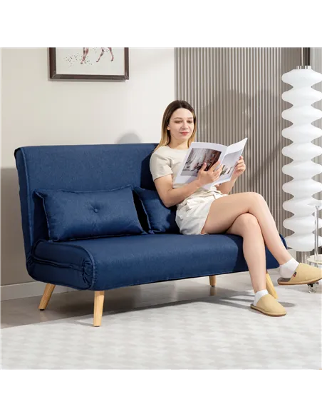 HOMCOM Two-Seater Linen-Look Sofa Bed - Dark Blue