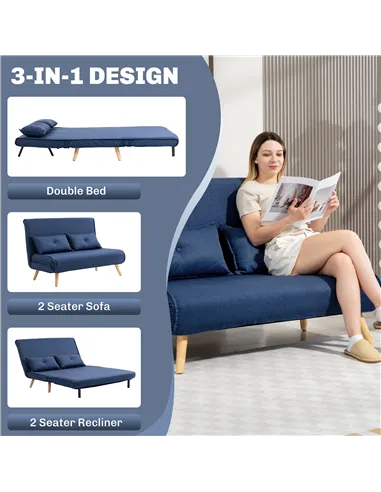 HOMCOM Two-Seater Linen-Look Sofa Bed - Dark Blue