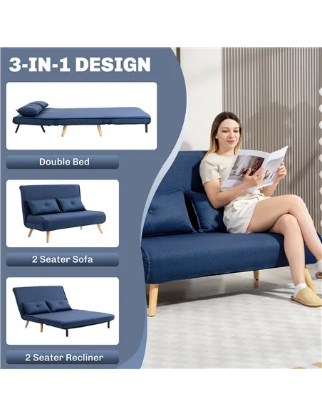 HOMCOM Two-Seater Linen-Look Sofa Bed - Dark Blue