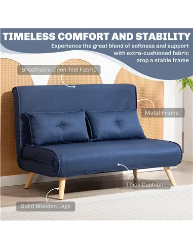 HOMCOM Two-Seater Linen-Look Sofa Bed - Dark Blue
