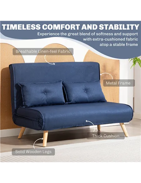 HOMCOM Two-Seater Linen-Look Sofa Bed - Dark Blue