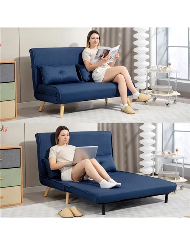 HOMCOM Two-Seater Linen-Look Sofa Bed - Dark Blue