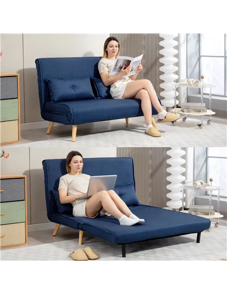 HOMCOM Two-Seater Linen-Look Sofa Bed - Dark Blue