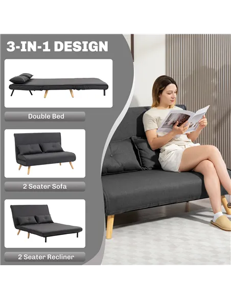 HOMCOM Two-Seater Linen-Look Sofa Bed - Charcoal Grey