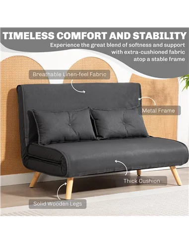 HOMCOM Two-Seater Linen-Look Sofa Bed - Charcoal Grey