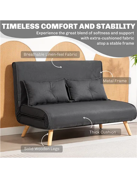 HOMCOM Two-Seater Linen-Look Sofa Bed - Charcoal Grey