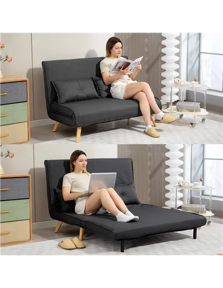 HOMCOM Two-Seater Linen-Look Sofa Bed - Charcoal Grey