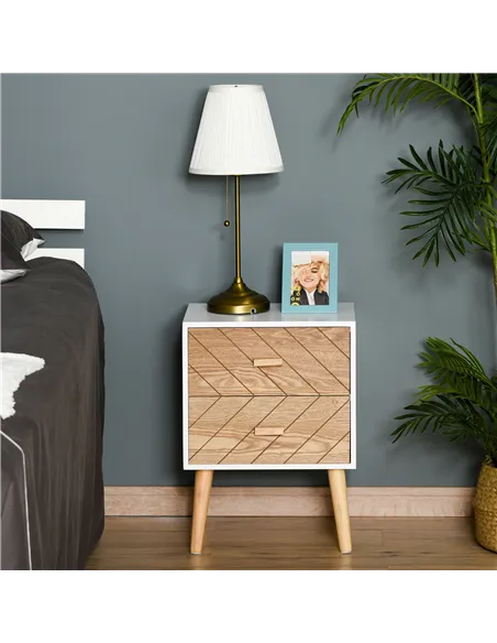 HOMCOM 2 Drawers Bedside Table with Pine Legs, Bedroom Wooden Storage Cabinet, Natural