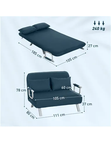 HOMCOM Two-Seater Click-Clack Sofa Bed - Navy Blue