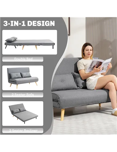 HOMCOM Two-Seater Linen-Look Sofa Bed - Grey