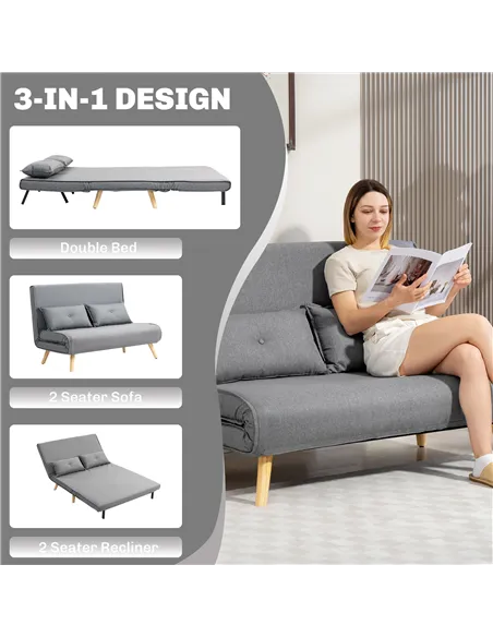 HOMCOM Two-Seater Linen-Look Sofa Bed - Grey