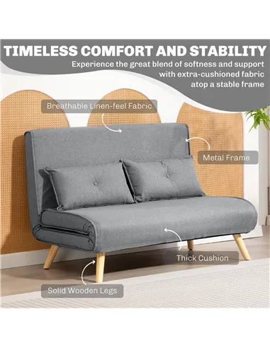 HOMCOM Two-Seater Linen-Look Sofa Bed - Grey