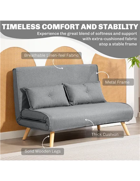 HOMCOM Two-Seater Linen-Look Sofa Bed - Grey