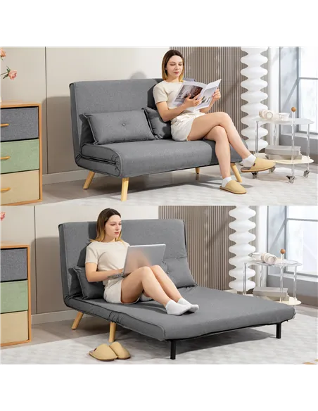 HOMCOM Two-Seater Linen-Look Sofa Bed - Grey