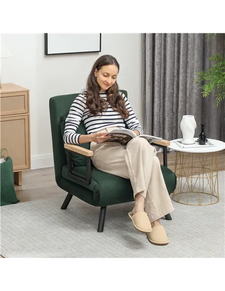 HOMCOM 4-in-1 Velvet-Feel Single Chair Bed, with Pillow - Green