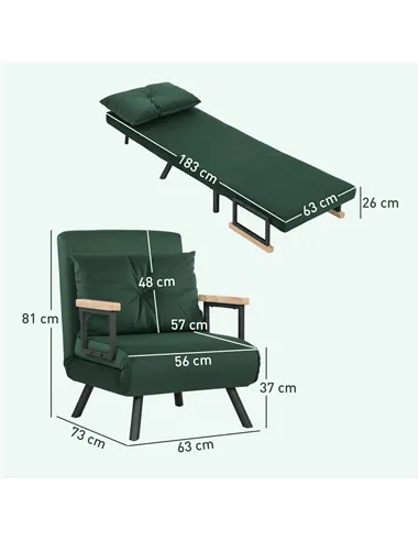 HOMCOM 4-in-1 Velvet-Feel Single Chair Bed, with Pillow - Green
