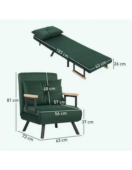 HOMCOM 4-in-1 Velvet-Feel Single Chair Bed, with Pillow - Green