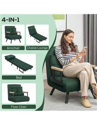 HOMCOM 4-in-1 Velvet-Feel Single Chair Bed, with Pillow - Green