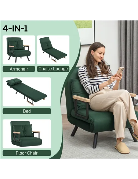 HOMCOM 4-in-1 Velvet-Feel Single Chair Bed, with Pillow - Green