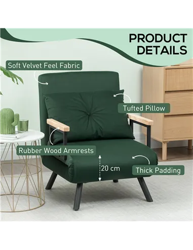 HOMCOM 4-in-1 Velvet-Feel Single Chair Bed, with Pillow - Green