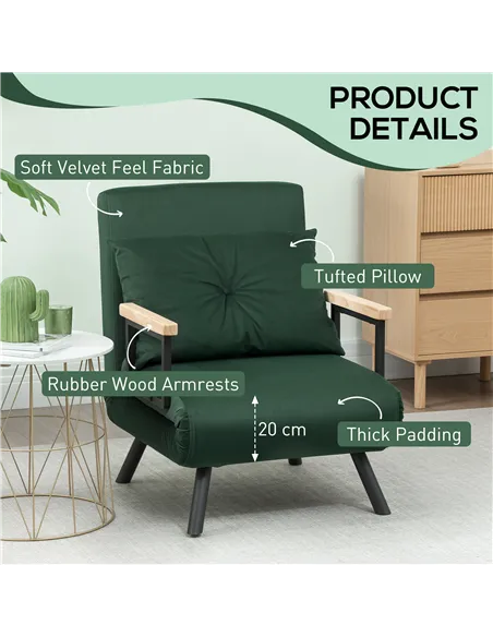 HOMCOM 4-in-1 Velvet-Feel Single Chair Bed, with Pillow - Green