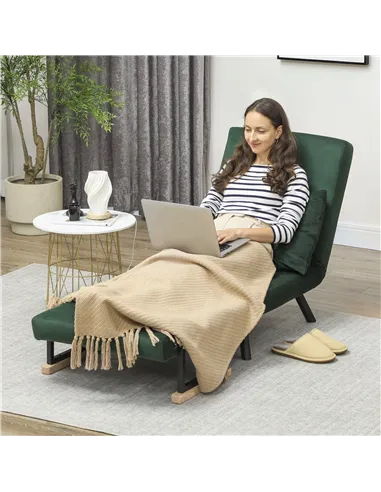 HOMCOM 4-in-1 Velvet-Feel Single Chair Bed, with Pillow - Green