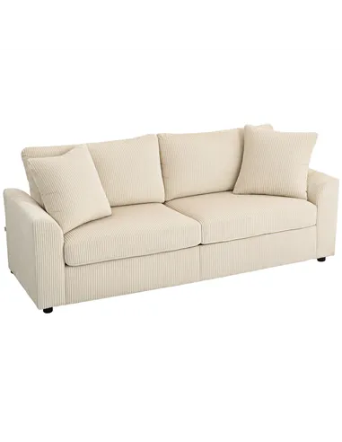 HOMCOM Modern 3 Seater Sofa with Spring Cushion, 212 cm Fabric Jumbo Cord Sofa Couch with 2 Scatter Cushions, Upholstered Cordur