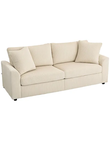 HOMCOM Modern 3 Seater Sofa with Spring Cushion, 212 cm Fabric Jumbo Cord Sofa Couch with 2 Scatter Cushions, Upholstered Cordur