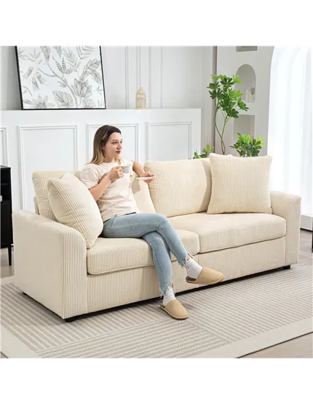 HOMCOM Modern 3 Seater Sofa with Spring Cushion, 212 cm Fabric Jumbo Cord Sofa Couch with 2 Scatter Cushions, Upholstered Cordur