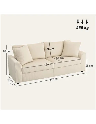 HOMCOM Modern 3 Seater Sofa with Spring Cushion, 212 cm Fabric Jumbo Cord Sofa Couch with 2 Scatter Cushions, Upholstered Cordur