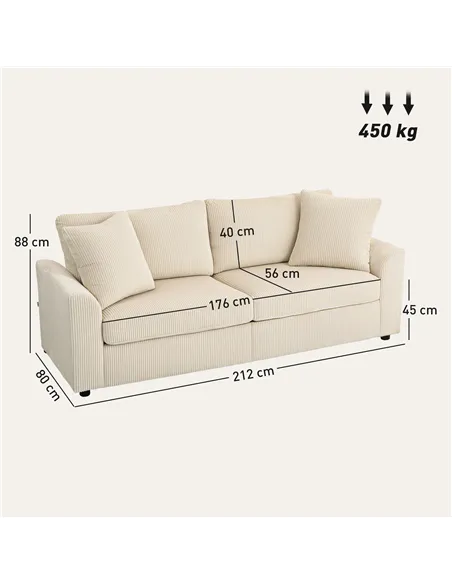 HOMCOM Modern 3 Seater Sofa with Spring Cushion, 212 cm Fabric Jumbo Cord Sofa Couch with 2 Scatter Cushions, Upholstered Cordur
