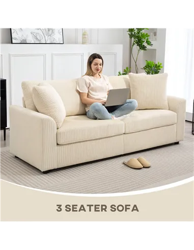 HOMCOM Modern 3 Seater Sofa with Spring Cushion, 212 cm Fabric Jumbo Cord Sofa Couch with 2 Scatter Cushions, Upholstered Cordur