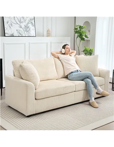 HOMCOM Modern 3 Seater Sofa with Spring Cushion, 212 cm Fabric Jumbo Cord Sofa Couch with 2 Scatter Cushions, Upholstered Cordur