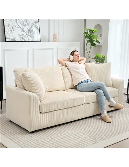 HOMCOM Modern 3 Seater Sofa with Spring Cushion, 212 cm Fabric Jumbo Cord Sofa Couch with 2 Scatter Cushions, Upholstered Cordur