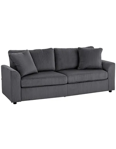 HOMCOM Modern 3 Seater Sofa with Spring Cushion, 212 cm Fabric Jumbo Cord Sofa Couch with 2 Scatter Cushions, Upholstered Cordur